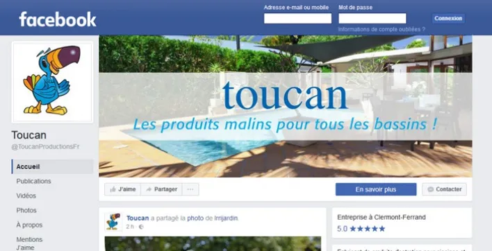 Une page Facebook pour Toucan, fabricant de produits d’entretien pour piscines et spas.