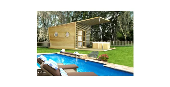 Autour de la piscine, des espaces à vivre en bois très contemporains