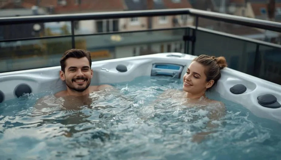 Une couple se relaxe dans un spa installé sur la terrasse d'un appartement