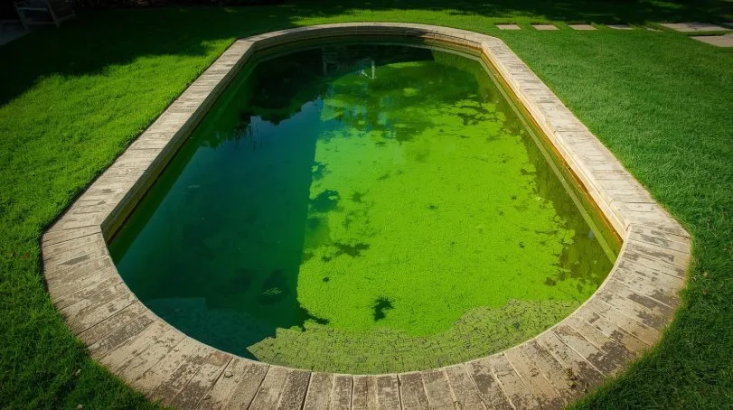 Une piscine avec une eau verte nécessitant une chloration choc